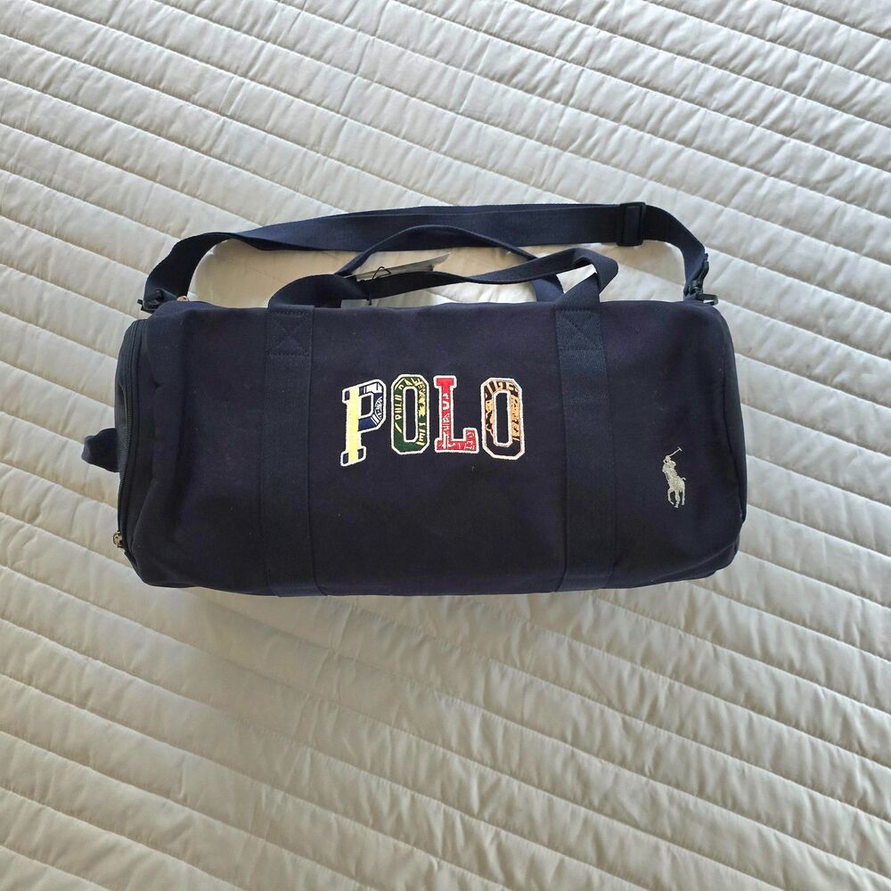 Polo Ralph Lauren Blue Embroidered Logo Barrel Duffel Preppy Travel Weekender